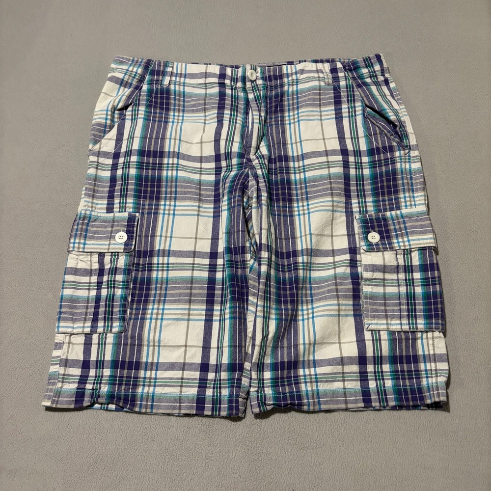 Avirex Mens Plaid Cargo Shorts Size 40 Blue Purple White Cotton Y2K Streetwear